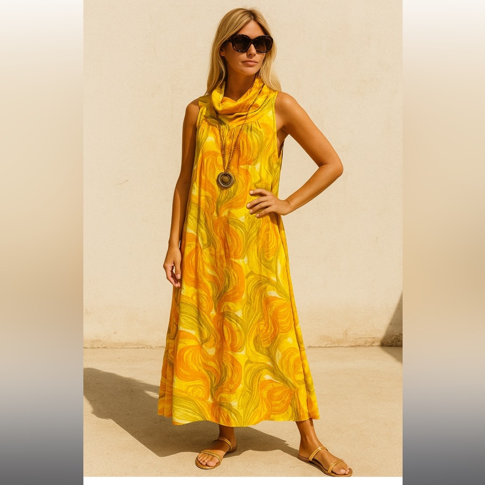 Amazing Vintage Yellow and Green 1960’s Sleeveless Kaftan Kaiser Loungewear